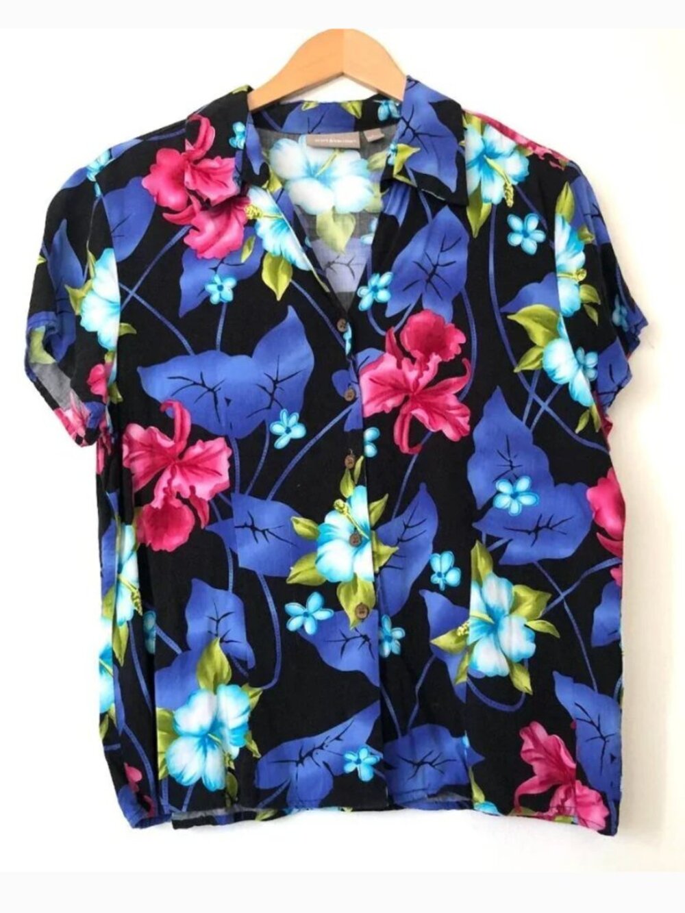 CROFT BARROW Black Blue Pink Tropical Floral Button Down Hawaiian Shirt Large L
